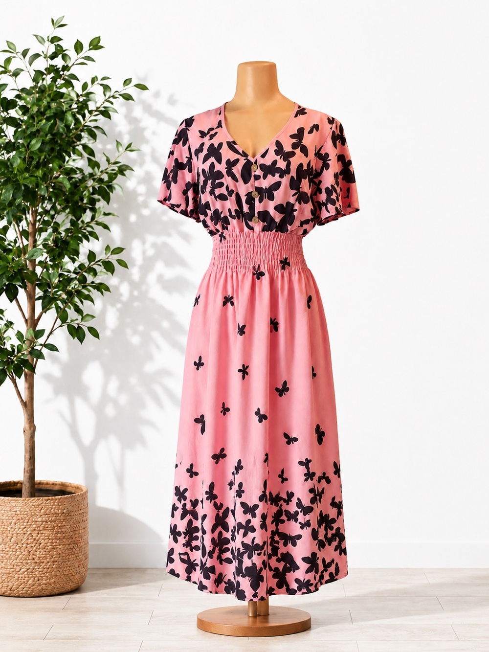 Smocked-Waist Pink Maxi Dress with Black Butterfly Print
